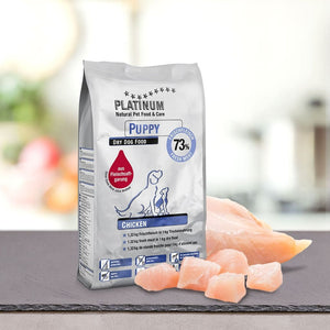 Vrečka PLATINUM Štartni paket Puppy, okus piščanec, stoji poleg surovih piščančjih prsi. Na embalaži je 73 % svežega mesa z grafikami psov in mladičev - idealno kot suha in mokra hrana za pse ali hrana za mladiče.