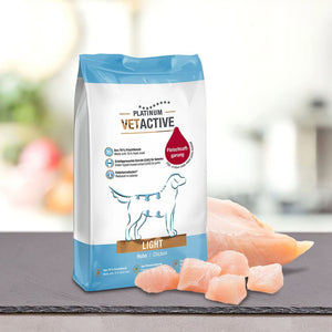 Vrečka VETACTIVE Vetactive Light suha hrana za pse, ki potrebujejo pomoč pri hujšanju z okusom piščanca stoji na pultu poleg kosov surovih piščančjih prsi. Na embalaži je preprosta ilustracija psa in nemški podatki o izdelku.