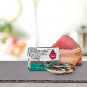 Škatla PLATINUM MENU Mini mokra hrana & DoggyCoach - Nagrada za tvojega psa leži na sivi površini poleg surovih ribjih filejev in dveh celih rib, idealna za lastnike psov, ki svojim ljubljenčkom zaupajo PLATINUM.